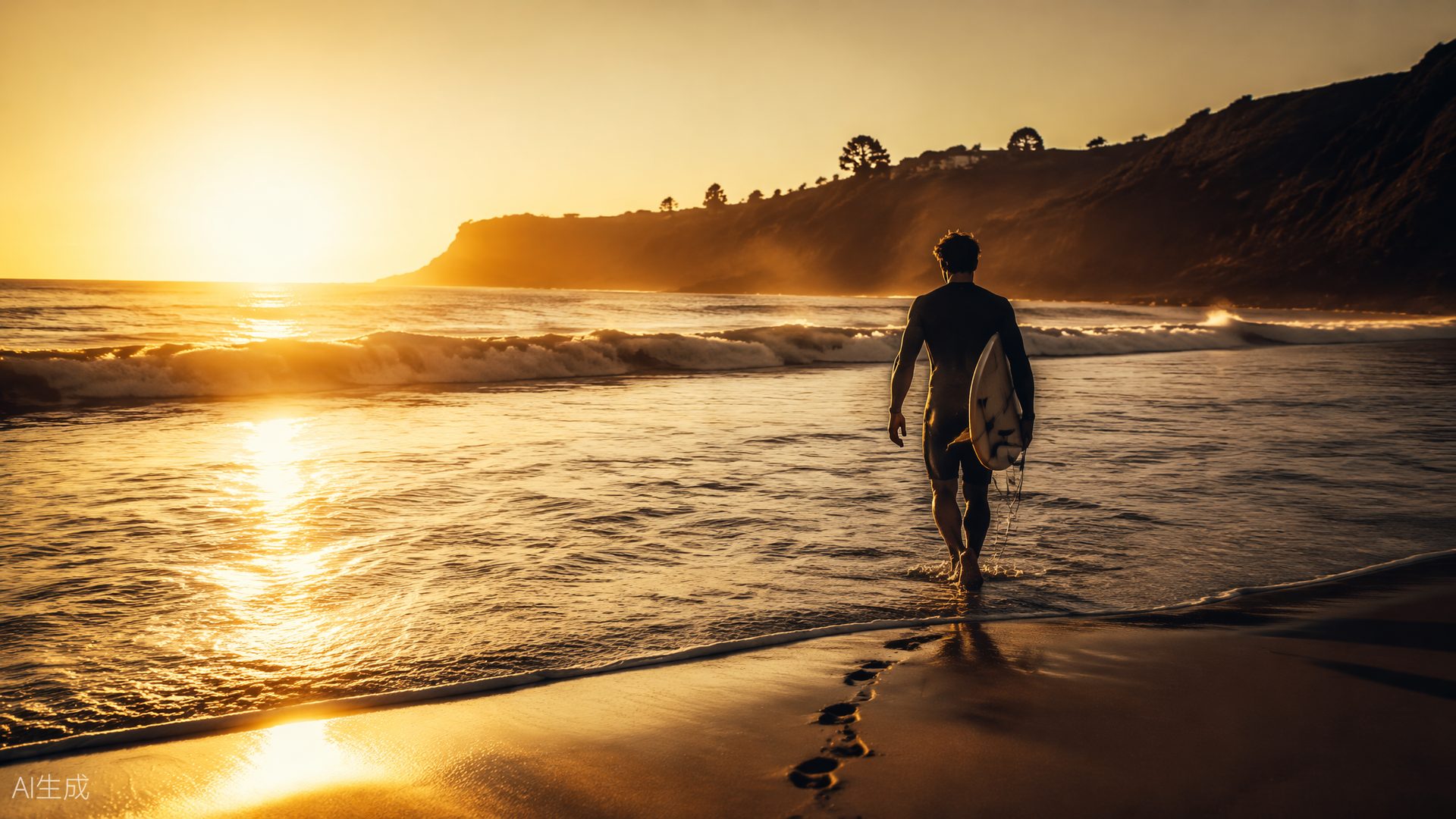 Dawn surf break on the Australian coast, gold light through the swell