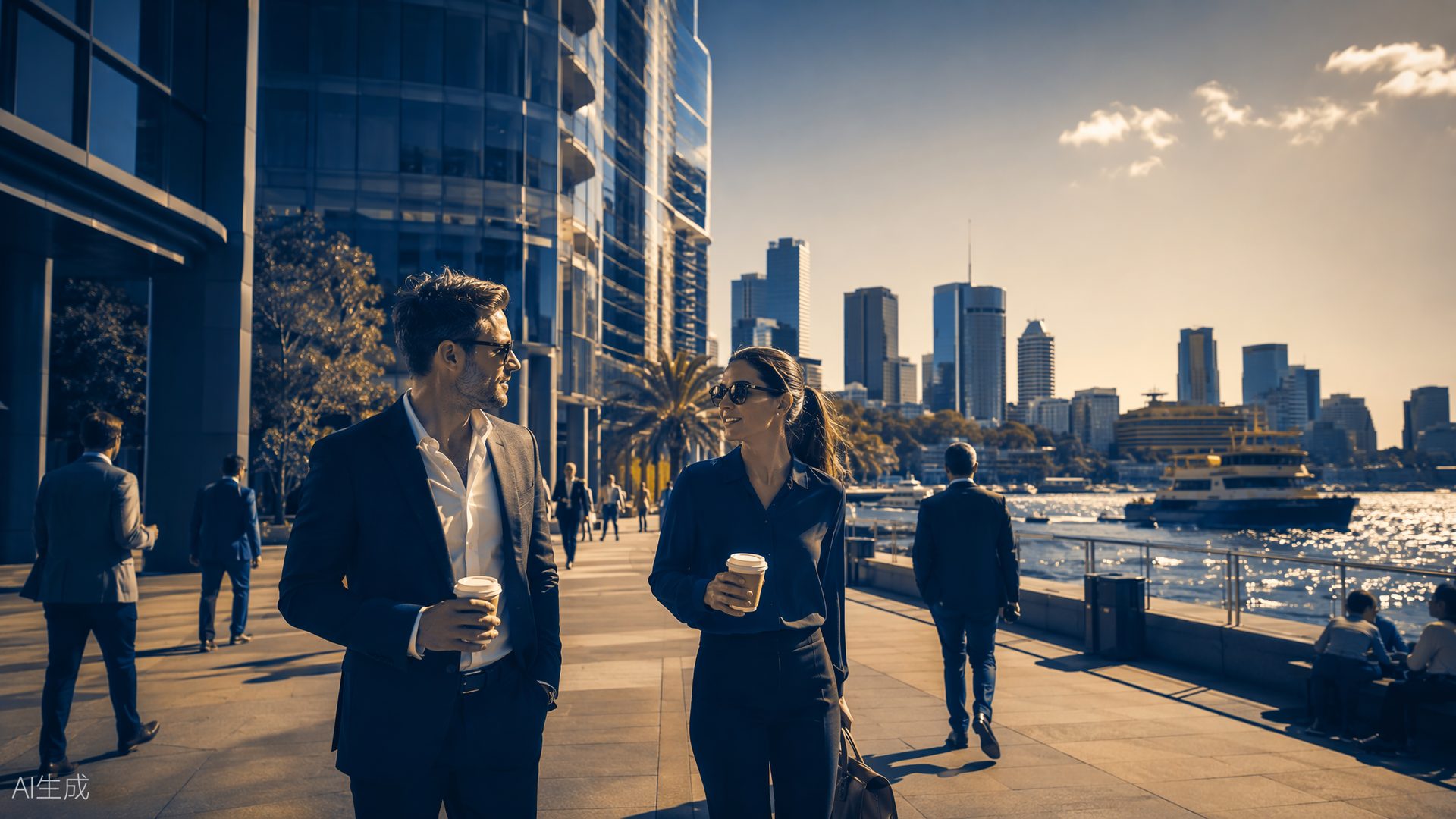 Sydney skyline at midday under cobalt light, harbour city alive with work
